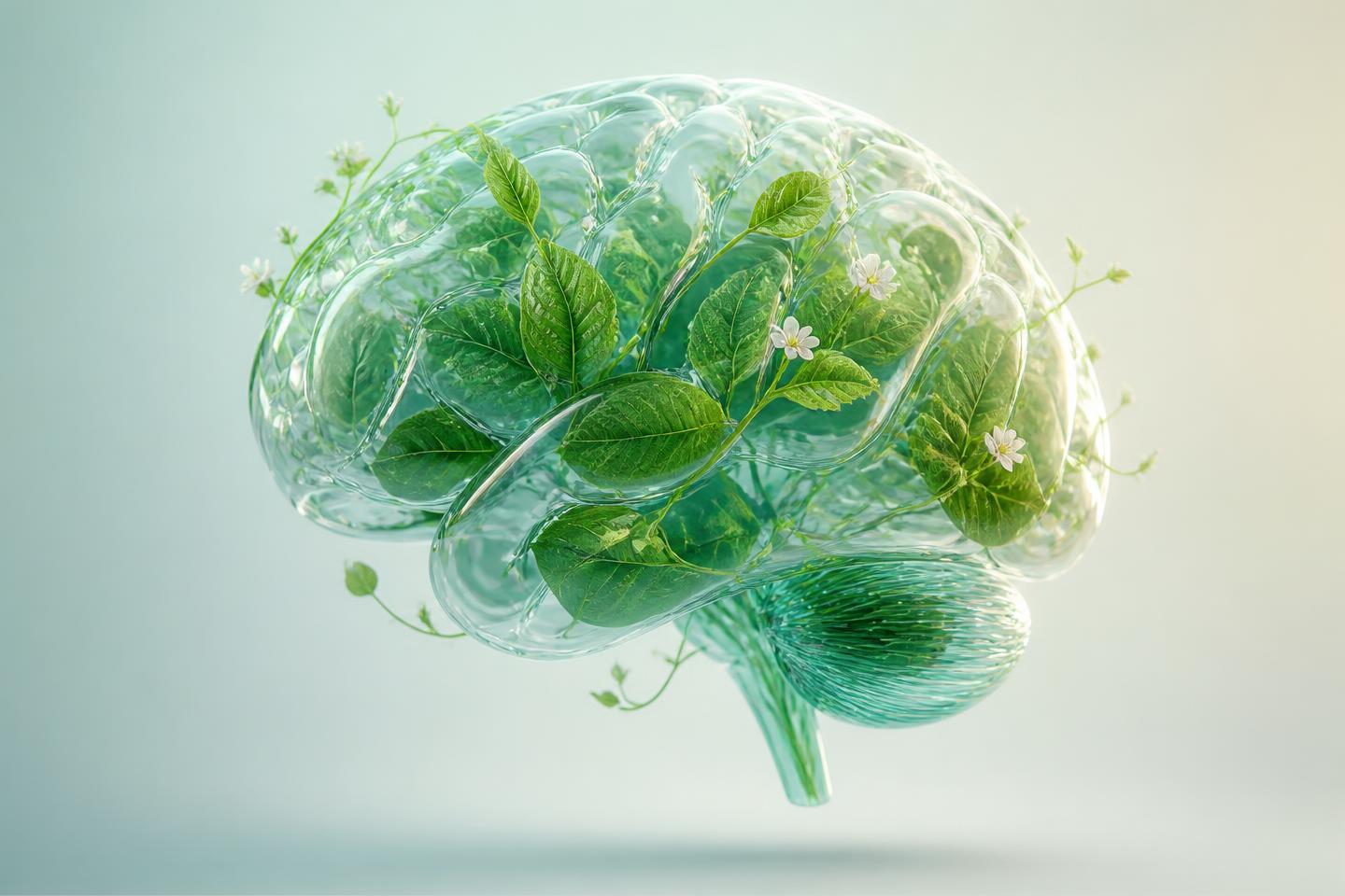 A 3D translucent glass brain growing green leaves and small blossoms, representing mental wealth